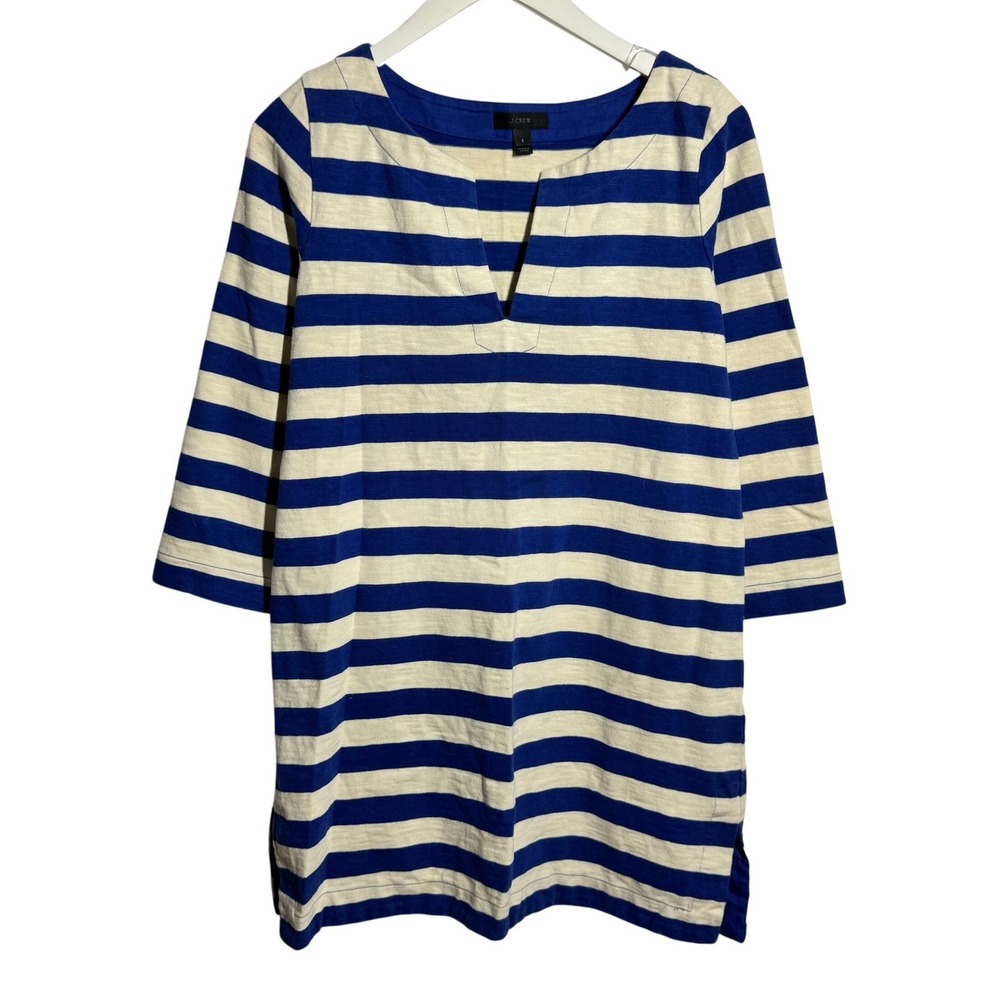 J.Crew Womens Blue Cream Striped Cotton Split Neck 3/4 Sleeve Tunic Top S Preppy